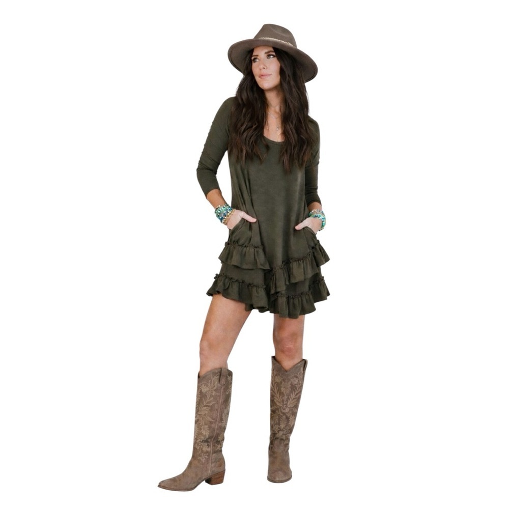 Three Bird Nest Constance Ruffle Hem Long Sleeve Dress Olive Green Sz S NWT